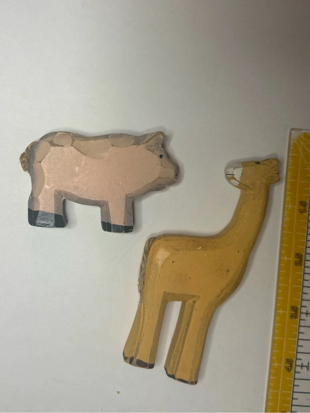 Vintage Handcrafted Yellow Giraffe & Pink Pig Wood Figurine Set
